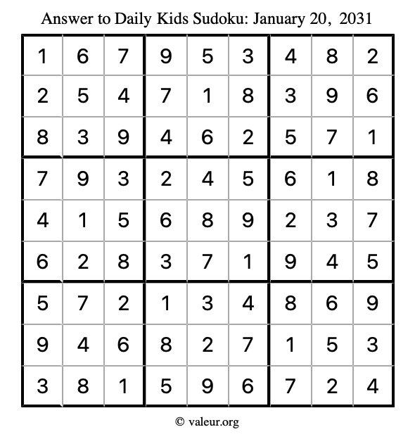 Answer to kids sudoku January 20, 2031