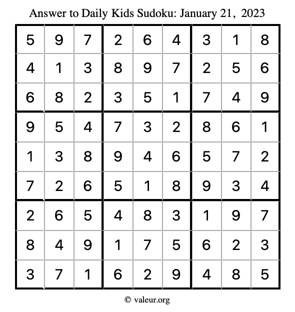 Answer to kids sudoku January 21, 2023