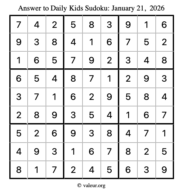 Answer to kids sudoku January 21, 2026