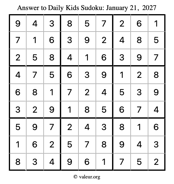 Answer to kids sudoku January 21, 2027