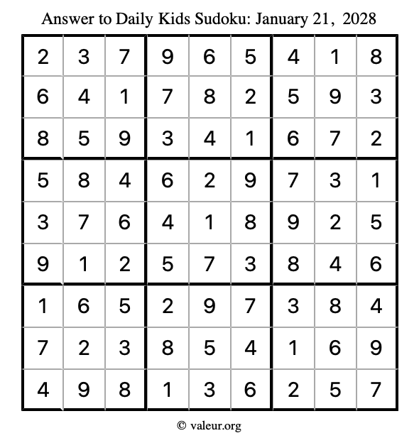 Answer to kids sudoku January 21, 2028