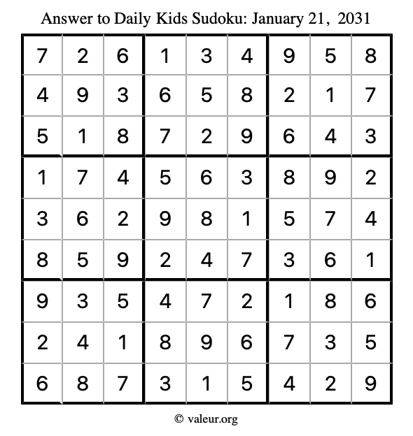 Answer to kids sudoku January 21, 2031