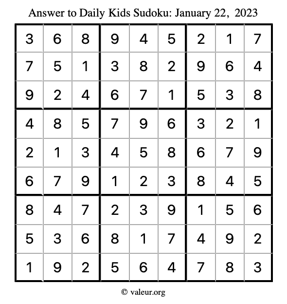 Answer to kids sudoku January 22, 2023