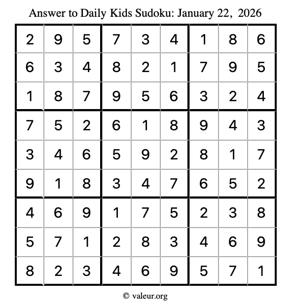 Answer to kids sudoku January 22, 2026
