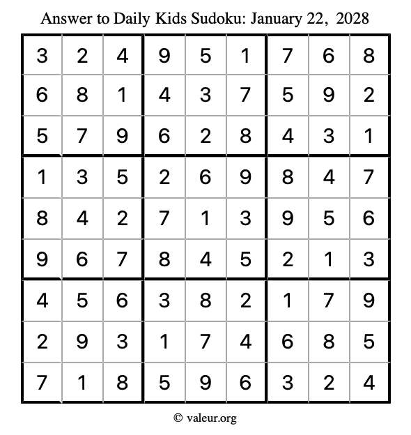 Answer to kids sudoku January 22, 2028
