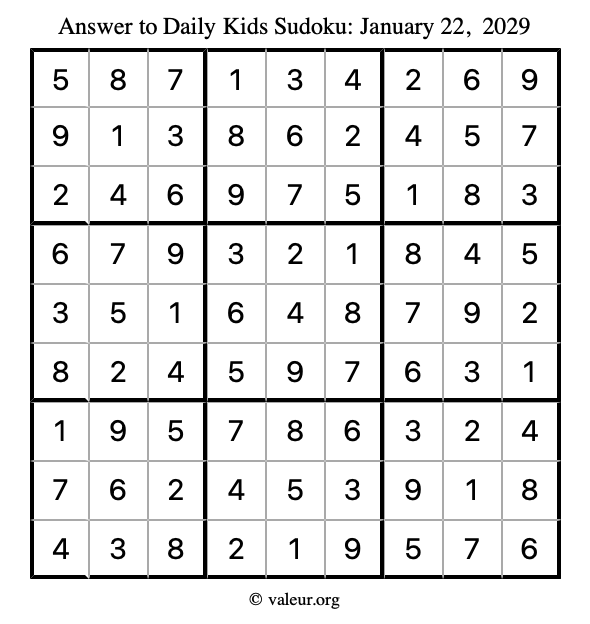 Answer to kids sudoku January 22, 2029