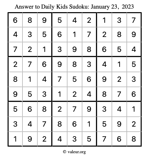 Answer to kids sudoku January 23, 2023