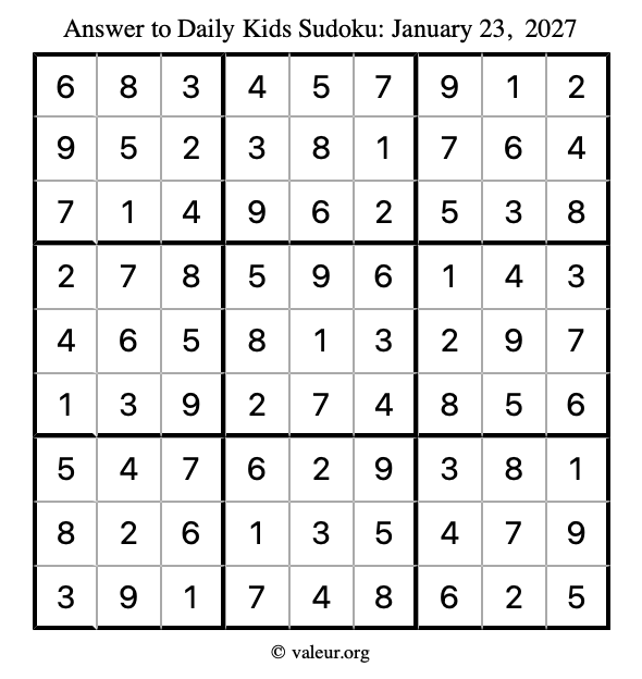 Answer to kids sudoku January 23, 2027