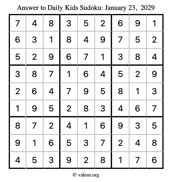Answer to kids sudoku January 23, 2029