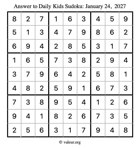 Answer to kids sudoku January 24, 2027