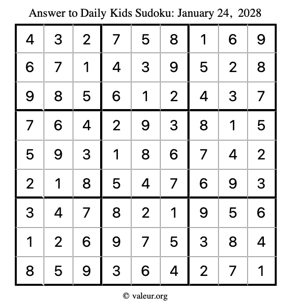 Answer to kids sudoku January 24, 2028