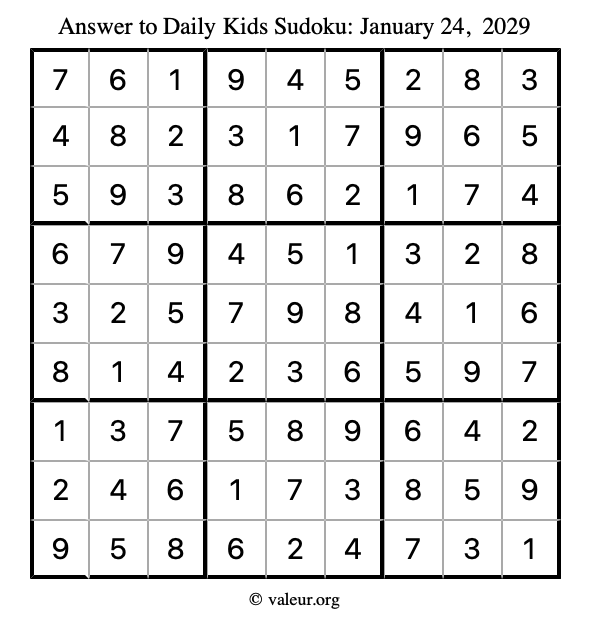 Answer to kids sudoku January 24, 2029