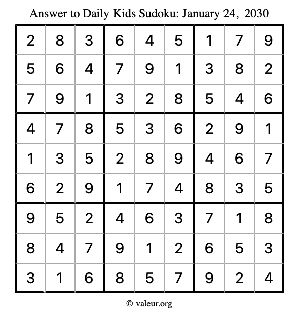 Answer to kids sudoku January 24, 2030