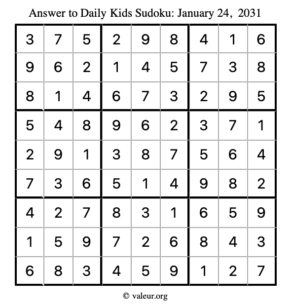 Answer to kids sudoku January 24, 2031