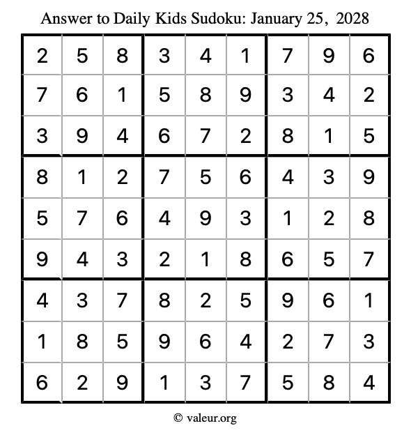 Answer to kids sudoku January 25, 2028