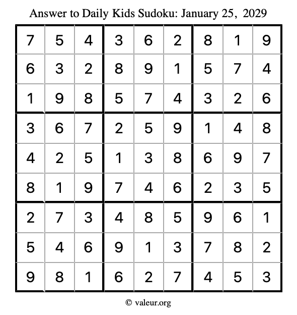 Answer to kids sudoku January 25, 2029