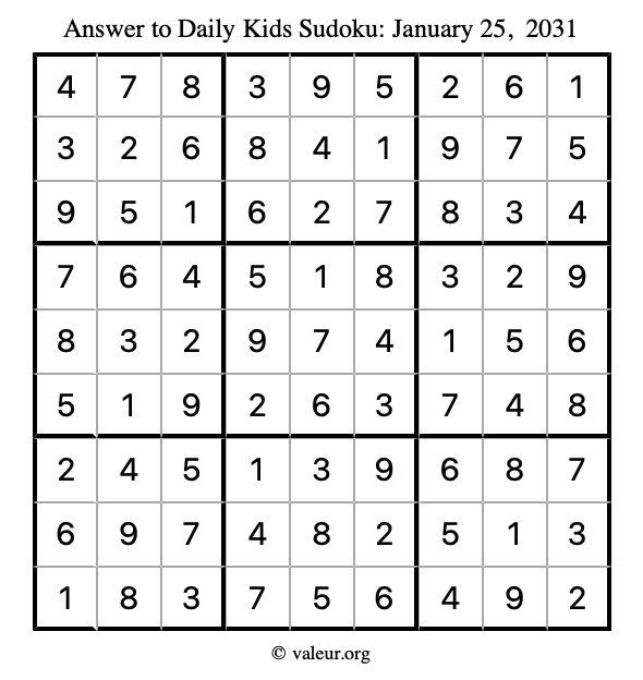 Answer to kids sudoku January 25, 2031