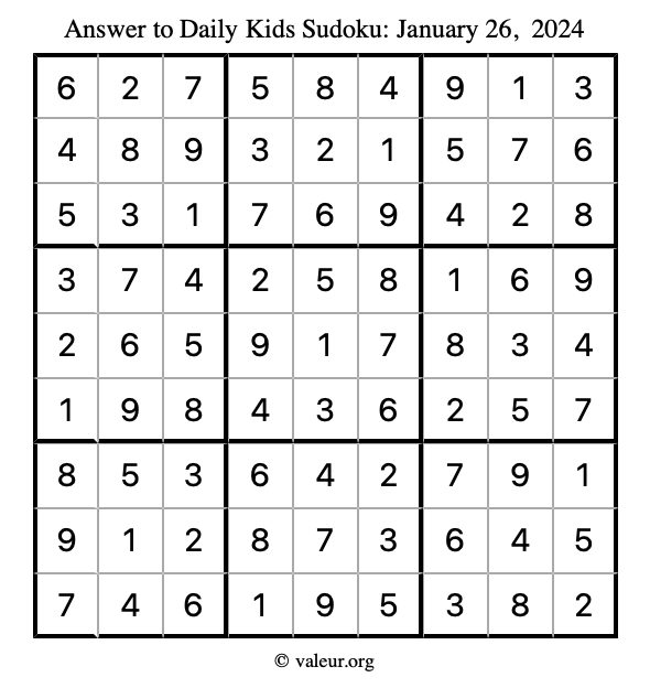 Answer to kids sudoku January 26, 2024