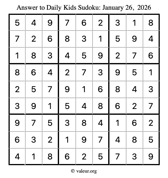 Answer to kids sudoku January 26, 2026