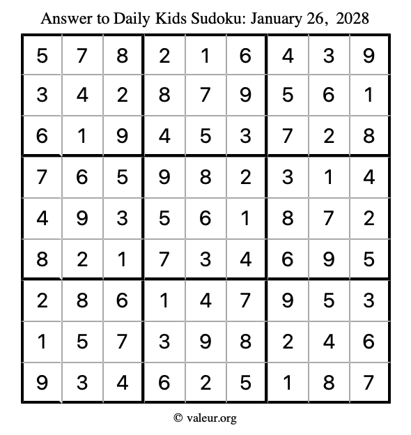 Answer to kids sudoku January 26, 2028