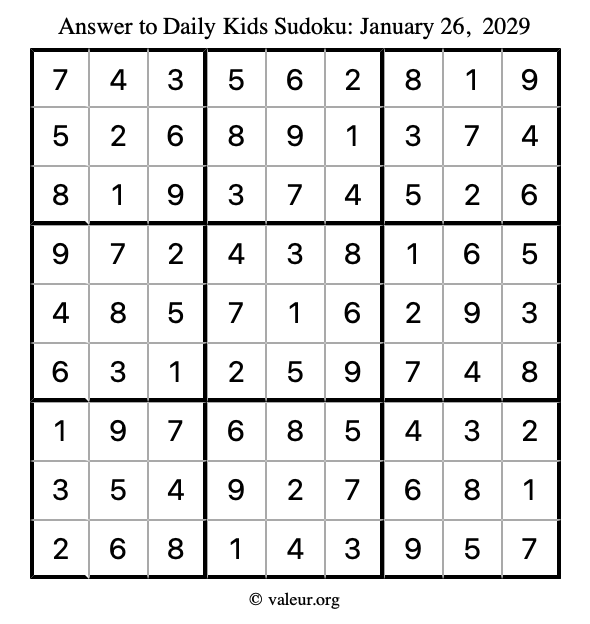 Answer to kids sudoku January 26, 2029