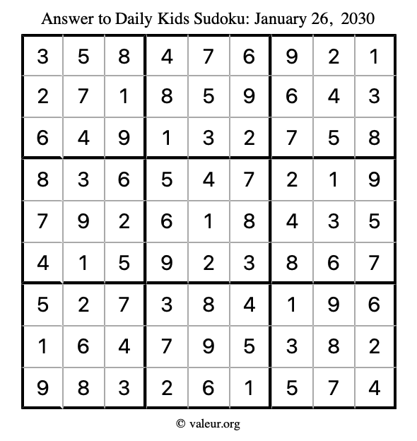 Answer to kids sudoku January 26, 2030