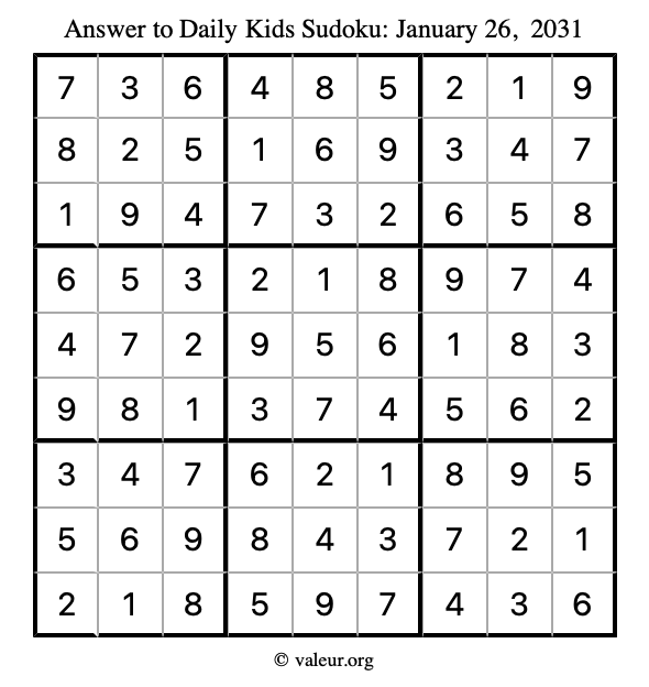 Answer to kids sudoku January 26, 2031