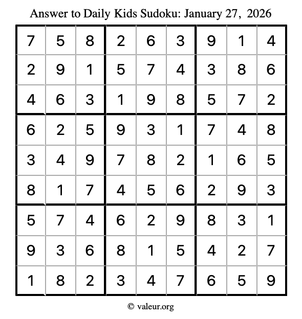 Answer to kids sudoku January 27, 2026