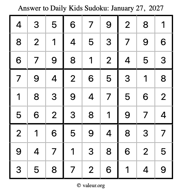 Answer to kids sudoku January 27, 2027