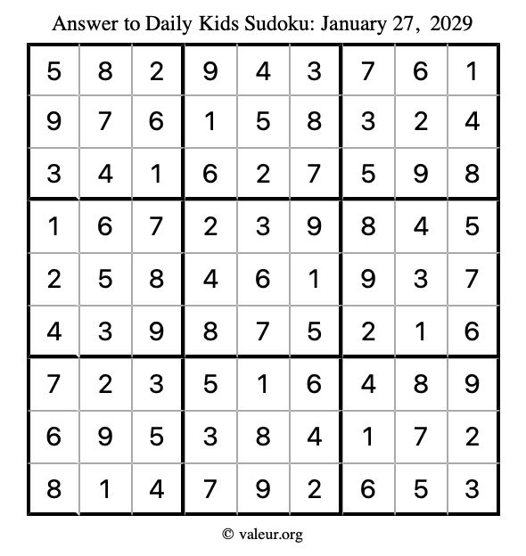 Answer to kids sudoku January 27, 2029