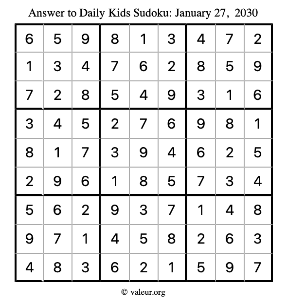 Answer to kids sudoku January 27, 2030