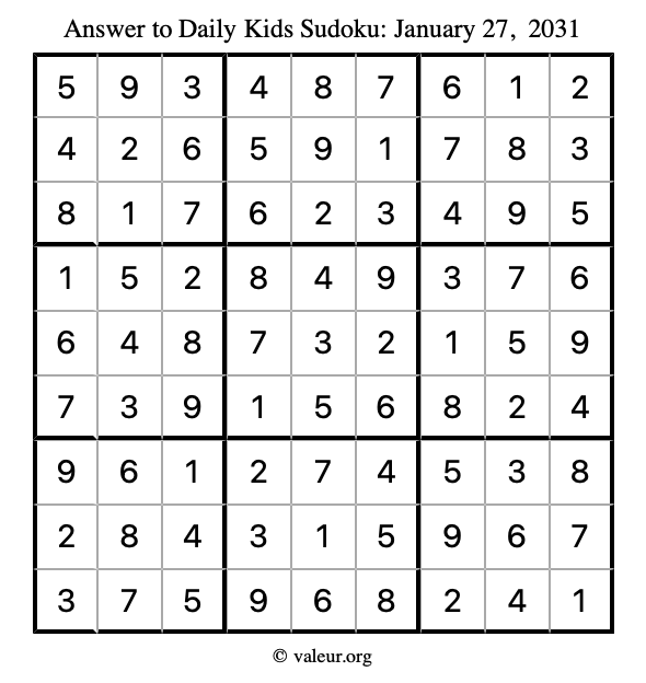 Answer to kids sudoku January 27, 2031