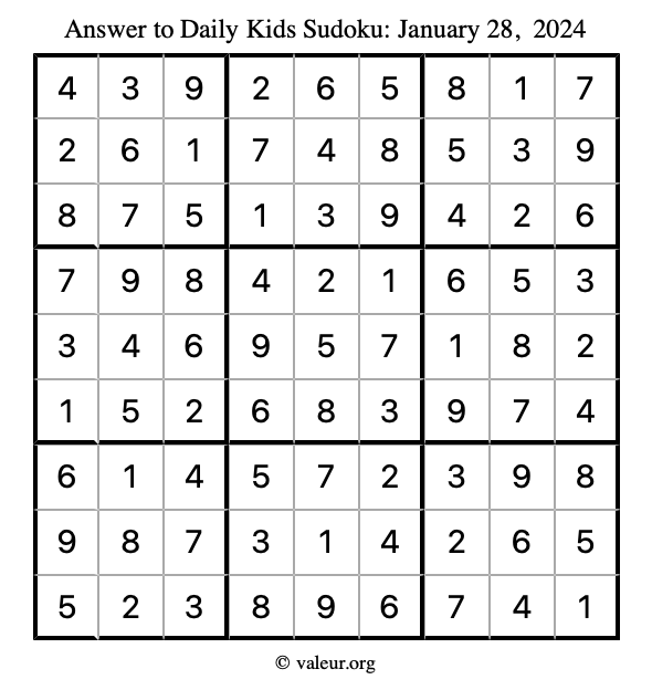 Answer to kids sudoku January 28, 2024