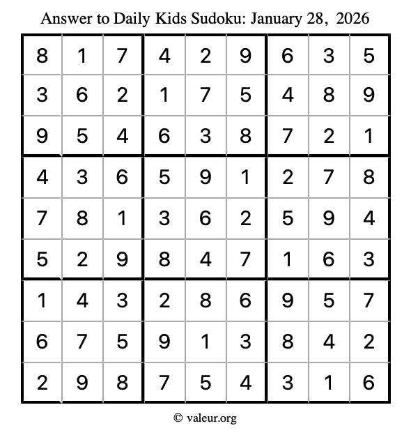 Answer to kids sudoku January 28, 2026