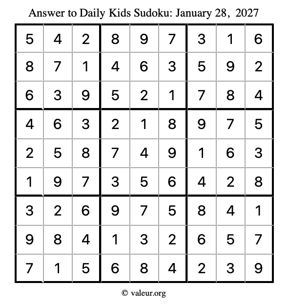 Answer to kids sudoku January 28, 2027