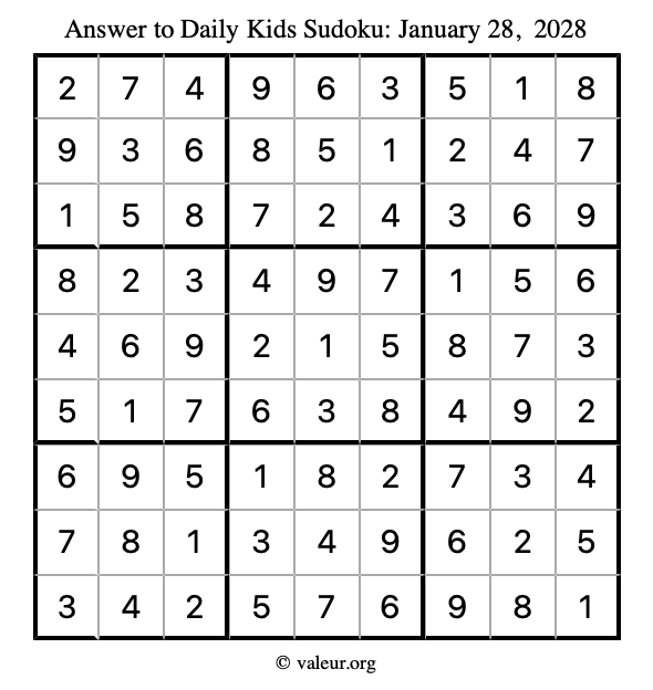 Answer to kids sudoku January 28, 2028