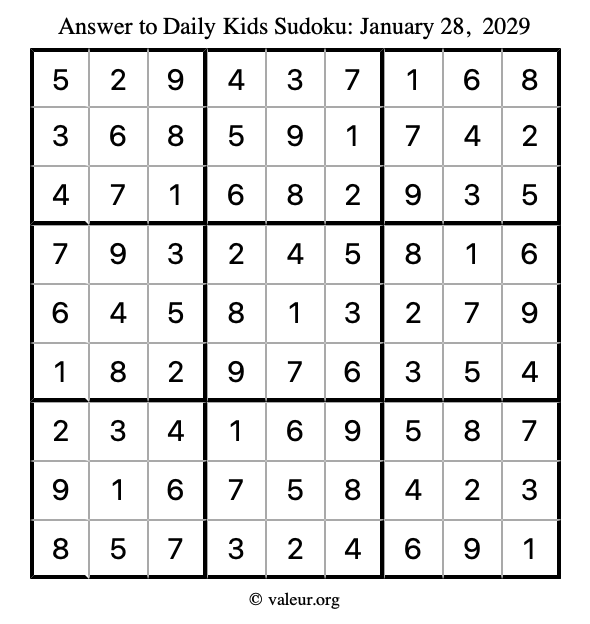 Answer to kids sudoku January 28, 2029