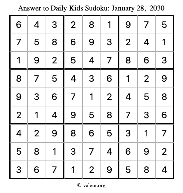 Answer to kids sudoku January 28, 2030