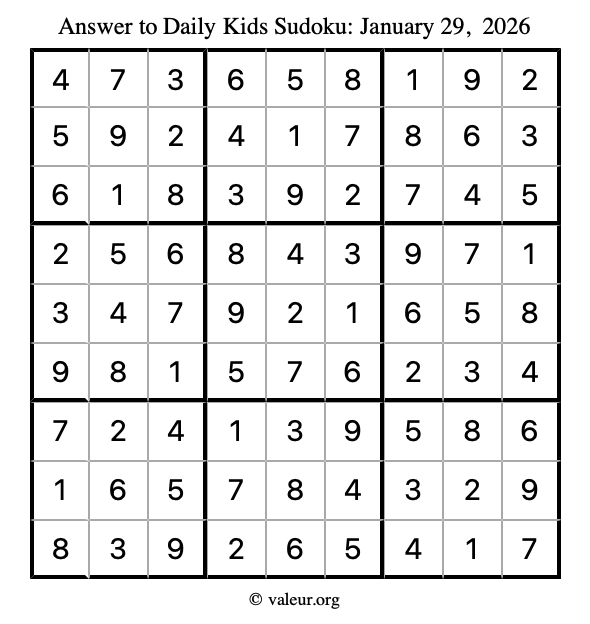 Answer to kids sudoku January 29, 2026