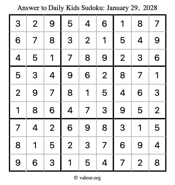 Answer to kids sudoku January 29, 2028