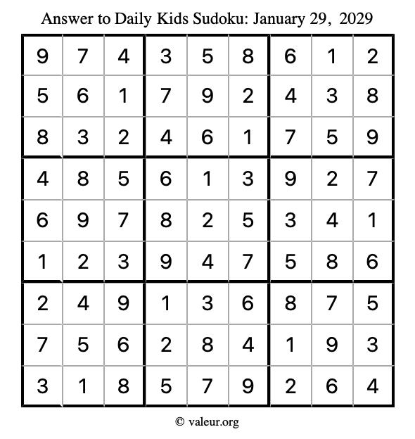 Answer to kids sudoku January 29, 2029