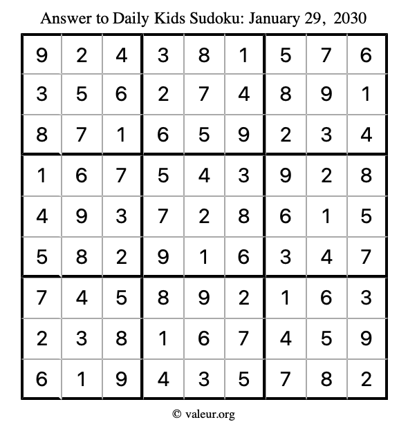 Answer to kids sudoku January 29, 2030
