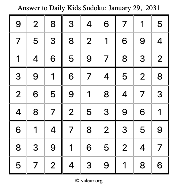 Answer to kids sudoku January 29, 2031