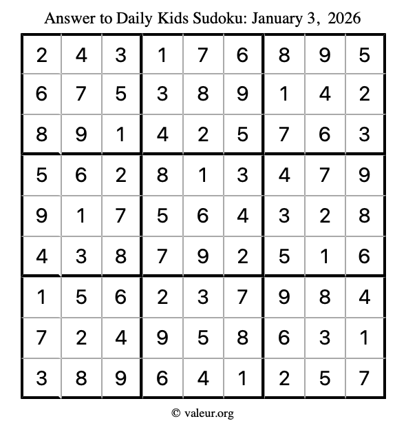 Answer to kids sudoku January 3, 2026
