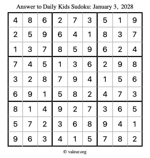 Answer to kids sudoku January 3, 2028