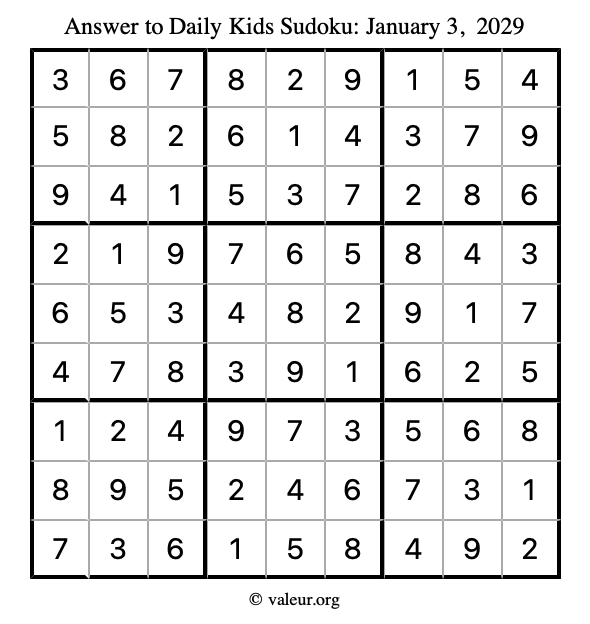 Answer to kids sudoku January 3, 2029