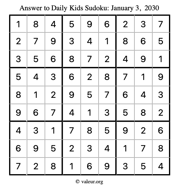 Answer to kids sudoku January 3, 2030