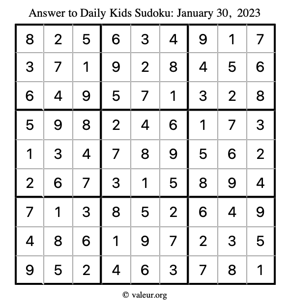 Answer to kids sudoku January 30, 2023