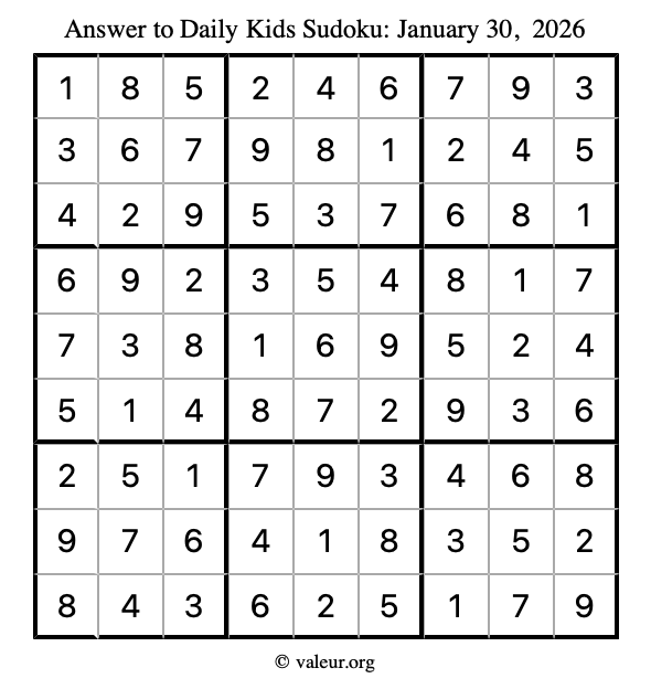 Answer to kids sudoku January 30, 2026