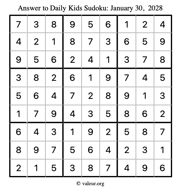 Answer to kids sudoku January 30, 2028